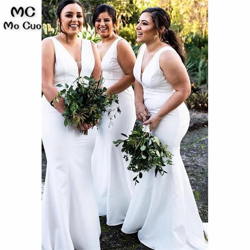 Mermaid White V Neck Long Bridesmaid Dress