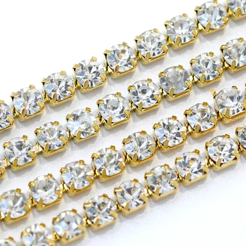

SS8 2.5mm 10 Yard/Roll Crystal Close Rhinestones Cup Chain With Metal Base Sew On Rhinestones Trimming For Wedding Dress Y2269
