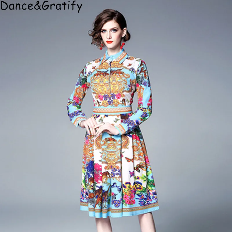 

New 2019 High Quality Women Brand Designer Vintage Palace Print Runway Dress Lady Turn-down Collar Tshirt Party Vestidos