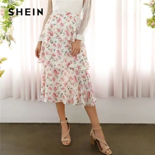 SHEIN Нарядная Юбка С Цветочным Принтом, Юбка С Оборками В Романтичном Стиле, Легкая Летняя Юбка