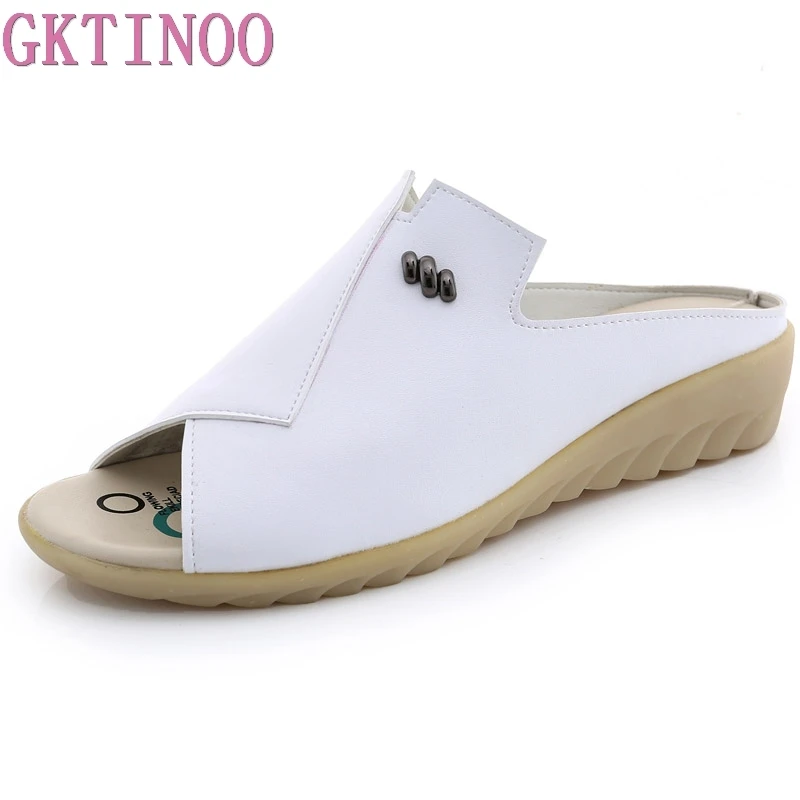 

GKTINOO Women Slipper Flat Sandals Geunine Leather Peep toe Female Sandals Ladies Mules clogs Summer Shoes Big Size 34-43