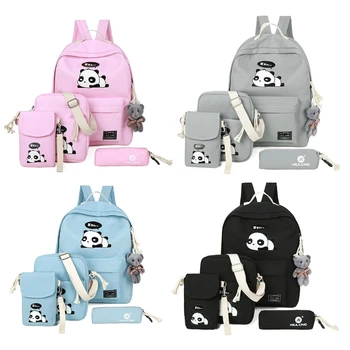

4pcs Shoulder Bag Women's Backpack Cute Panda Print Rucksack Travel Schoolbags
