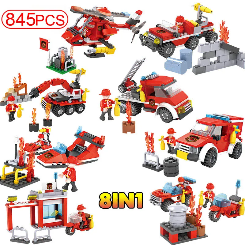 

LegoINGLYS 845pcs Fire Fighting Car Plane Truck Boat Building Blocks City Firefighter figures Building Block Kids Enlighten Toy