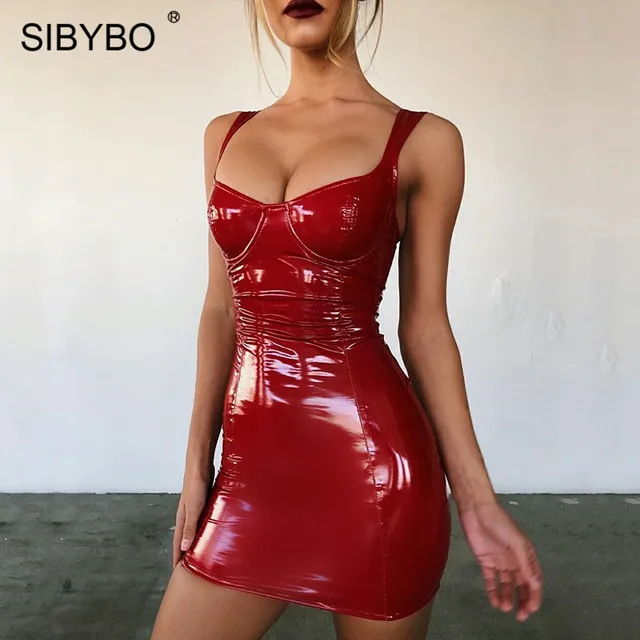 Sibybo Спагетти ремень PU сексуальное мини-платье Для женщин Мода v-образным вырезом без рукавов Летнее женское платье спинки клуб вечерние платье Короткое