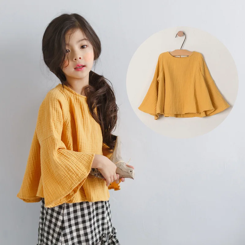 Flare sleeve summer baby girls yellow T shirts casual kids clothes Tops