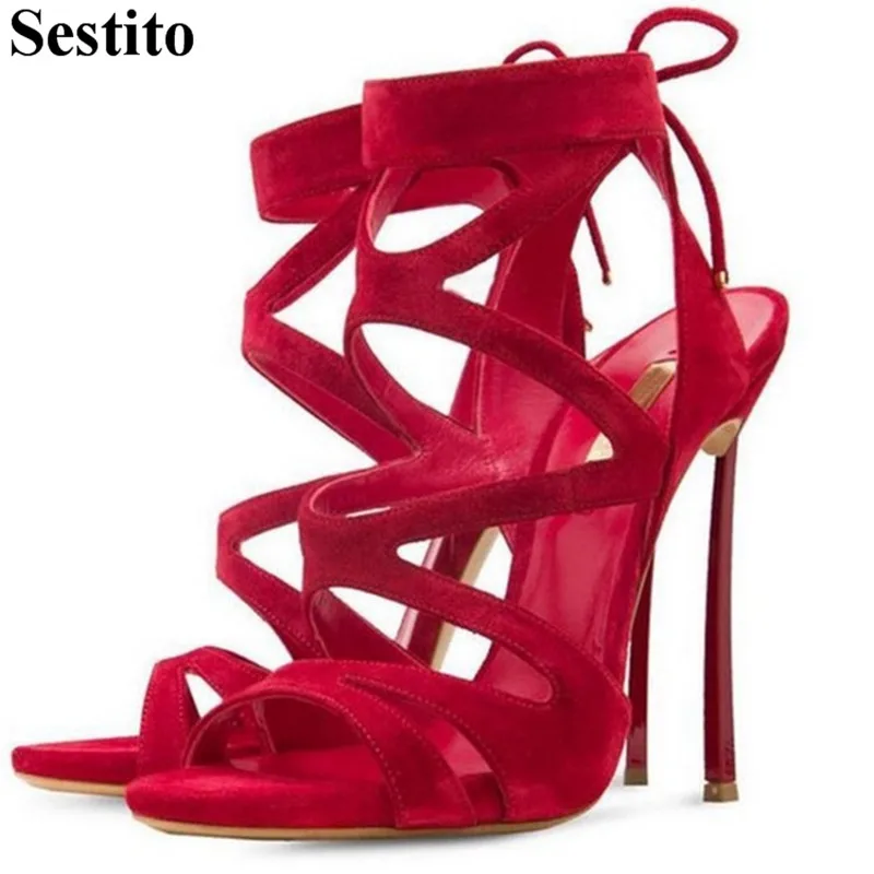 

Sexy Red Black Cross-tied Narrow Band New Sandals Peep Toe Wedding Women Sandals Super High Thin Heels Ankle Lace-up Women Shoes