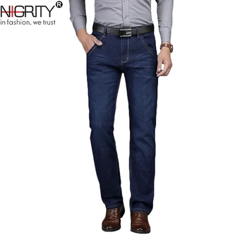 

NIGRITY 2019 New Men Jeans Regular Straight Feet Jeans Loose Waist Business gentleman Long Casual Trousers big size 28-40