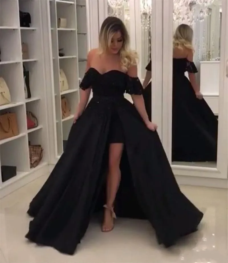 

robe de soiree Muslim Evening Dress 2019 Black Off Shoulder Front Slit Satin Dubai Saudi Arabic Long Formal Dress Evening Gowns