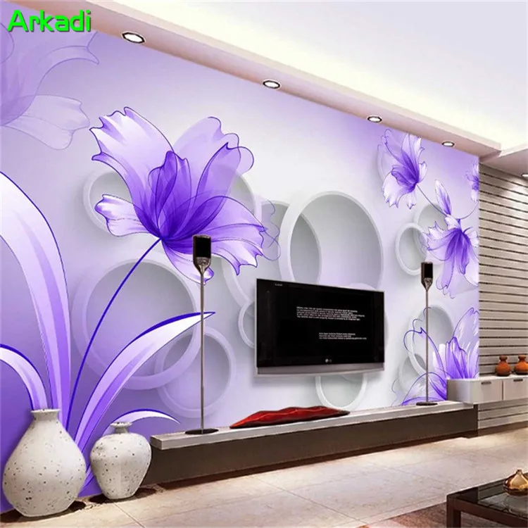 خلفية زهرة أرجوانية شفافة ثلاثية الأبعاد جدارية خلفية تلفزيون زخرفة جدارية Circle Wallpaper Photo Wallpaperwallpaper 3d Aliexpress
