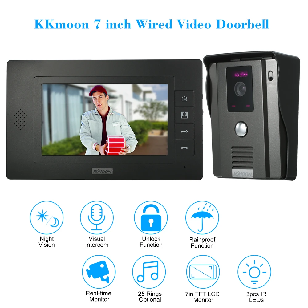 

KKmoon 7 inch Wired Video Doorbell with Visual Intercom IR-CUT Night Vision Rainproof Function Remote Unlock Video Door Phone