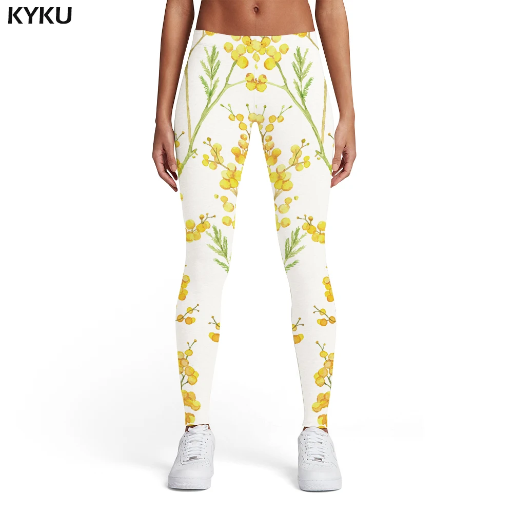 

KYKU Brand Flower Leggings Women White Spandex Leaf Elastic Gothic Sport Harajuku 3d Print Womens Leggings Pants Casual Slim