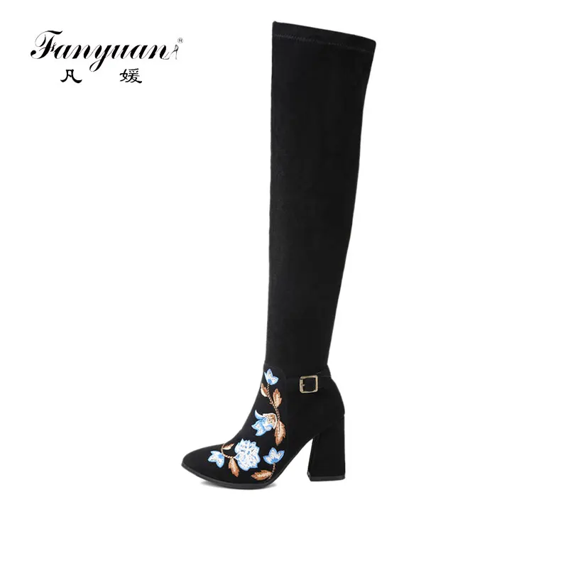 

Fanyuan Suede Sexy thigh high boots with flower embroider Women over the knee boots Ladies Winter High heels booties size 43