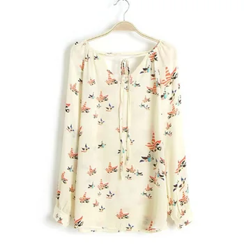

New 2017 Women Summer Fashion Chiffon Blouse Short Long Sleeve Dove Print Casual Loose blusa