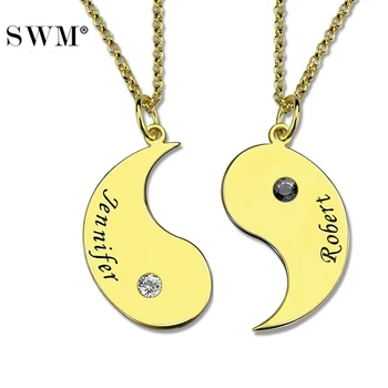 

Paired Couple Necklace Custom Name BirthStone Necklaces Gold Color Jewelry Yin Yang Pendants Choker Chain Collares for Lovers