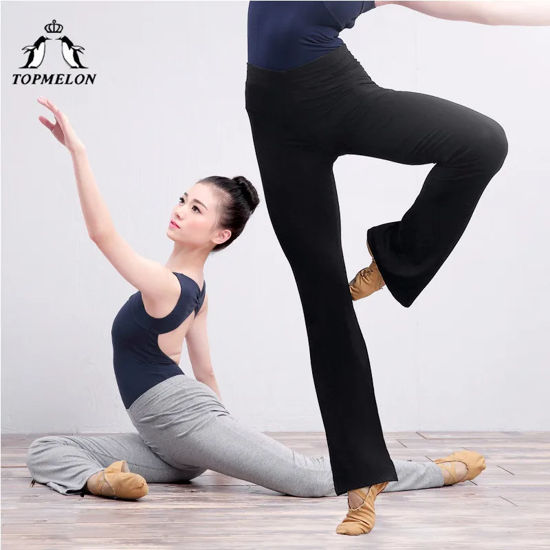 TOPMELON Pants for Ballet Dance Cotton Long Bell Bottom Trousers Women Flexible Stretch Fitness Yoga Dancing Pants Black Grey