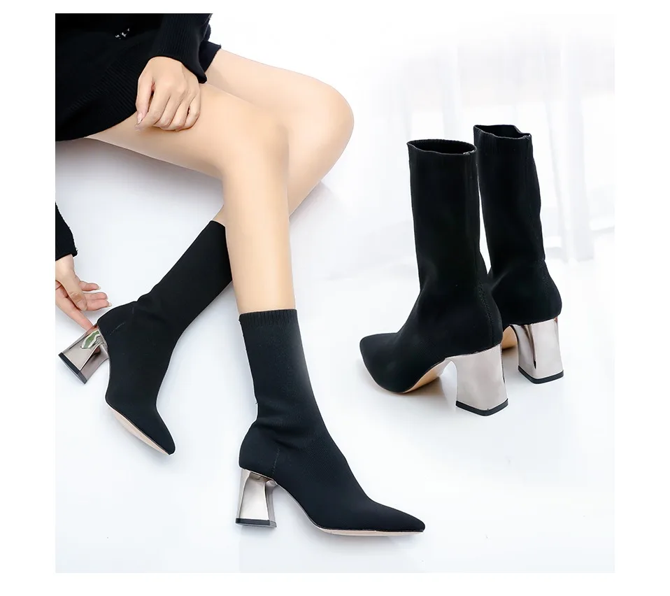 Модные женские ботинки на высоком каблуке теплые сапоги черного цвета квадратный каблук Зимняя обувь Женская обувь с острым носком дамские носки ботинки размера плюс K-173