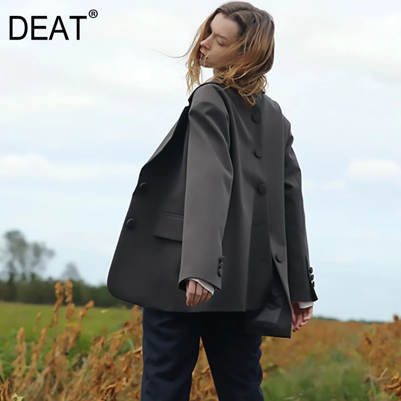

[DEAT] 2019 New Spring Summer Lapel Long Sleeve Gray Back Button Split Joint Loose Personality Jacket Women Coat Fashion JW71