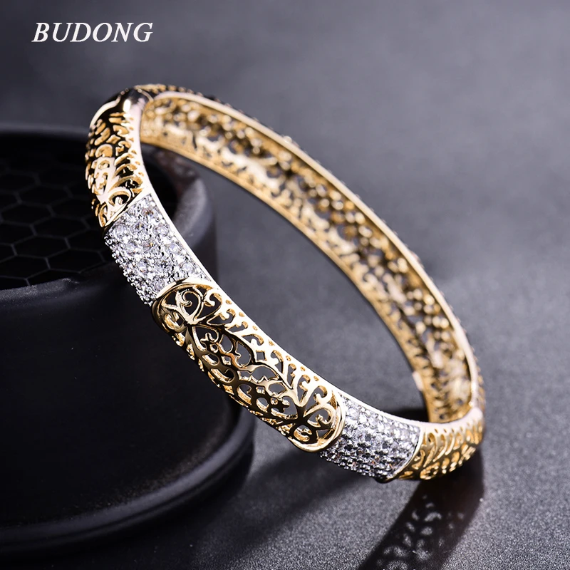 BUDONG модный полый браслет Huggie для женщин золотого цвета Бесконечность Pulsera Кристалл циркония свадебные ювелирные изделия XUZ016