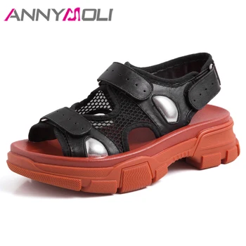

ANNYMOLI Women Shoes Genuine Leather Sandals Cut Out Flat Platform Sneakers Open Toe Summer Sandals Lady Outdoor Casual Shoes