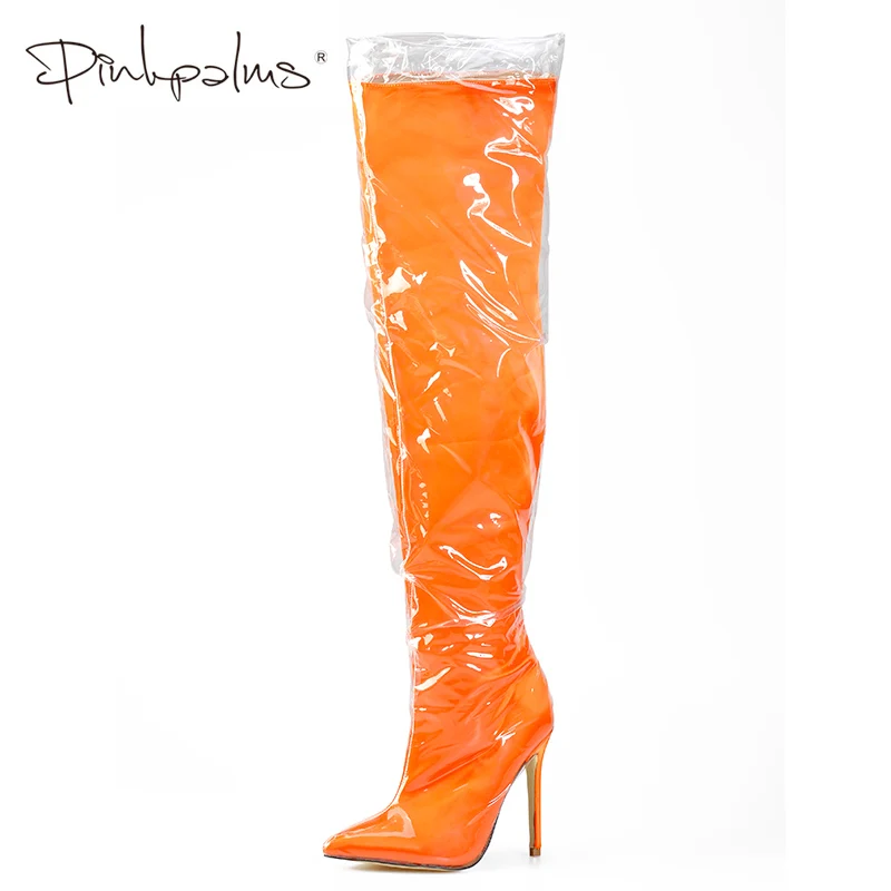 

Pink Palms Thigh High Clear Plastic Boot With Thick Sponge Inside Over the Knee Boots Perspex Warm High Heels Women Boots Orange