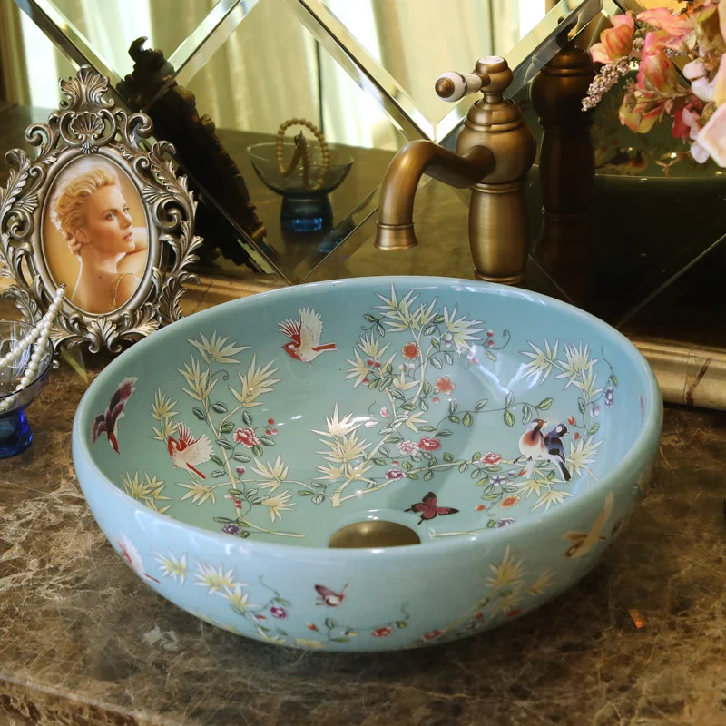 Blue Handmade Porcelain Sink Birds&Flowers Countertop Ceramic wash basin Bathroom Sink (1)