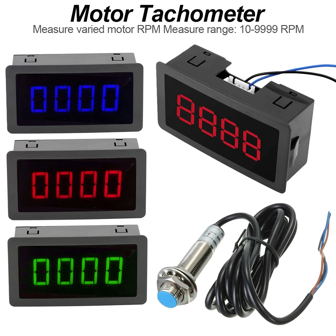 

10-9999RPM DC 8-15V Hall Proximity Switch Sensor NPN and 4 Digital LED Red/Blue/Green Tachometer RPM Speed Meter Tools