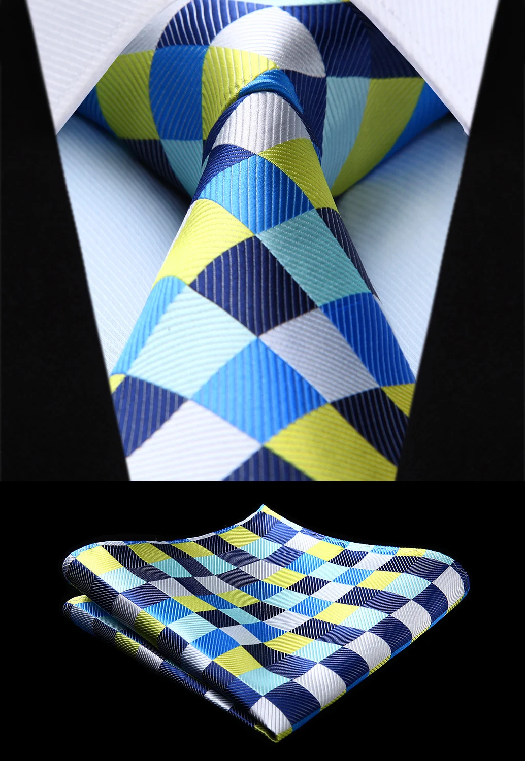  Mens Tie Classic Wedding Party Plaid Yellow Blue Woven Silk Business Necktie Handkerchief Set #TC81