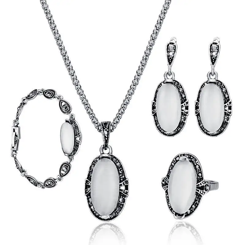 

Retro Crystal Opal Pendant Jewelry Set For Women Silver Necklace Earrings Ring Bracelet 4pcs Statement Jewelry Sets