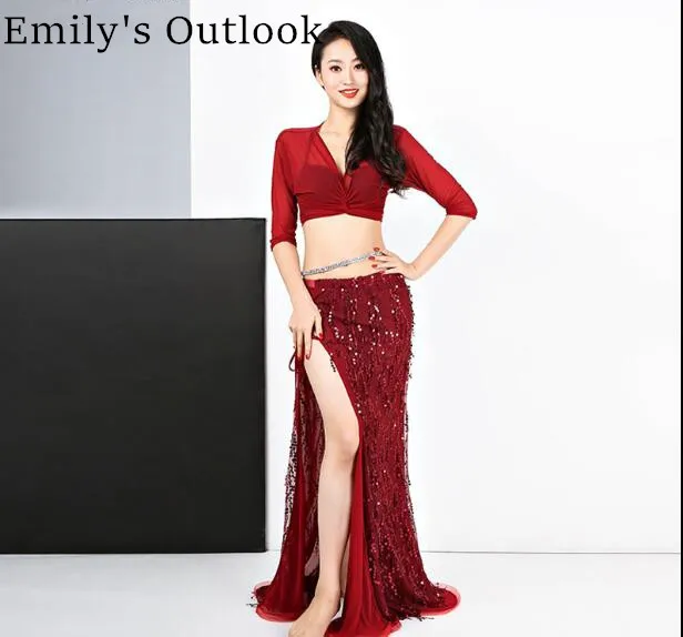 

Ladies Belly Dance Oriental Dance Suit Skirt Sexy Mesh Top Long Tassel Skirt Red Black Large