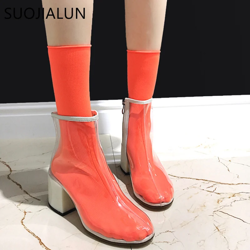 

SUOJIALUN Fashion Spring Autumn Women Boots Colorful Ankle Martin Boots Fashion PVC Zipper Med Heels Ankle Boots