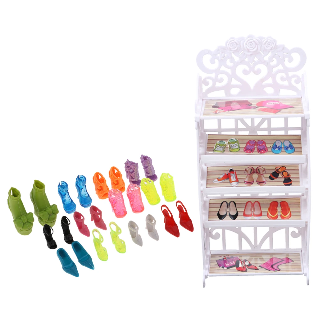 Stylish Dolls House Furniture Set - Mini Shoes Rack Shoes Shelf & Pack of High Heel Shoes For 12inch Ball Jointed Doll Accessory