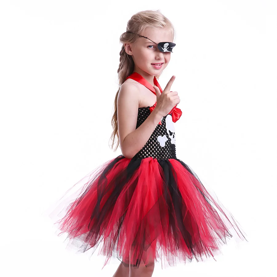 Платье-пачка для девочек в пиратском стиле; детская праздничная одежда на Хэллоуин; Детские вечерние костюмы из тюля с украшением в виде черепа