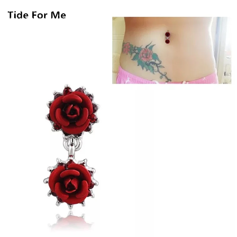 

Fashion Red Rose Flower Belly Button Ring Body Jewelry Piercings Navel Rings Retro Women Girls Beach Accessories party gift