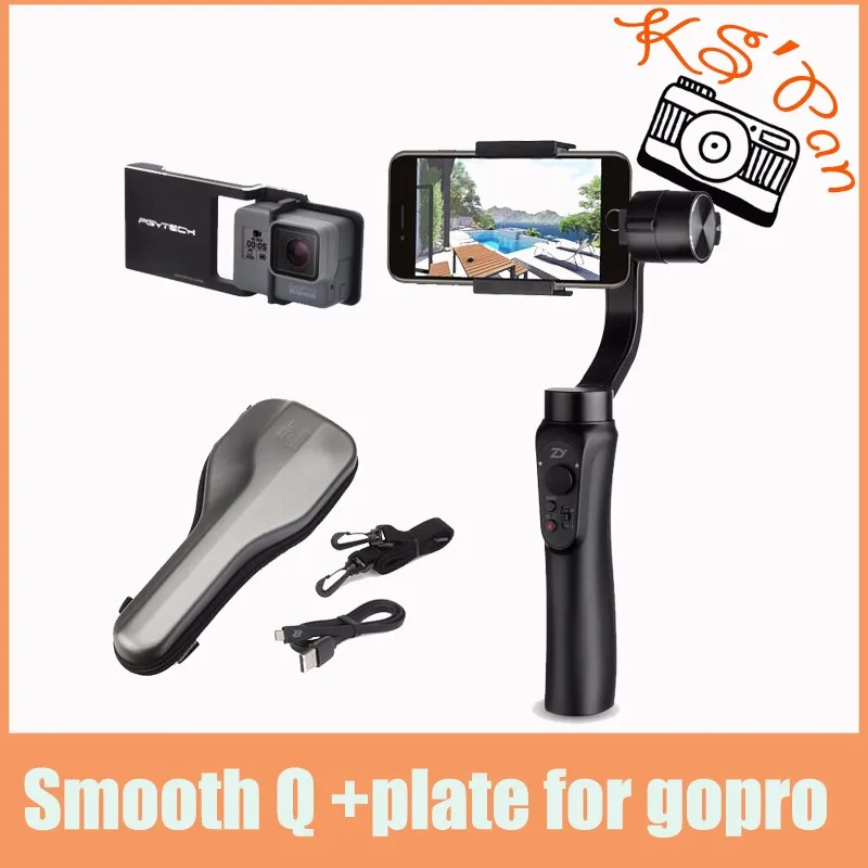 Цена Переносной ручной гиростабилизатор камеры трехосевой Zhiyun Smooth Q для iPhone 8 7 6s + Гладкая пластина костюм для Gopro Hero 5 4 3 4 цвета