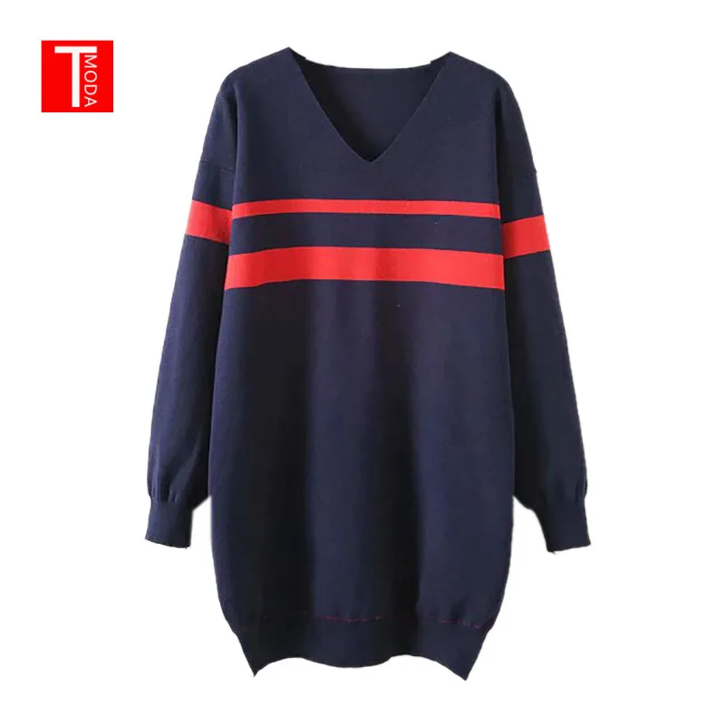 

Autumn Winter Pull Sweaters Dress Women 2018 Fashion Plus Size Loose Jumpers Korean Long Sleeve V-Neck Pullovers Knitting Dress