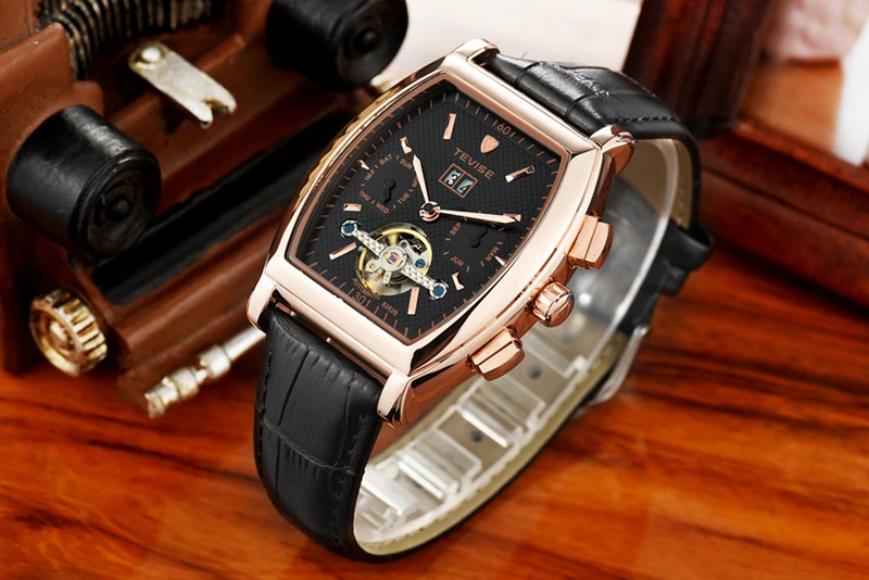 TEVISE Мужские автоматические часы Tonneau с циферблатом стимпанк Tourbillon часы Механические самовздувающиеся кожаные Наручные часы с календарем 8383B