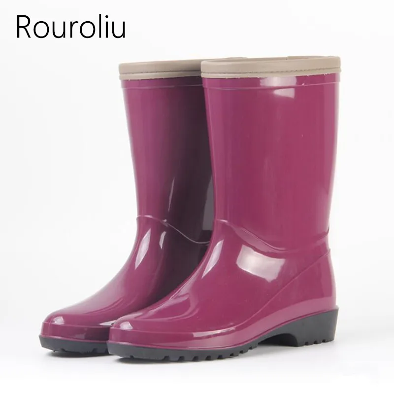 

Rouroliu Women Mid-Calf PVC Rainboots Waterproof Water Shoes Woman Wellies Slip-on Glossy Rain Boots RT252