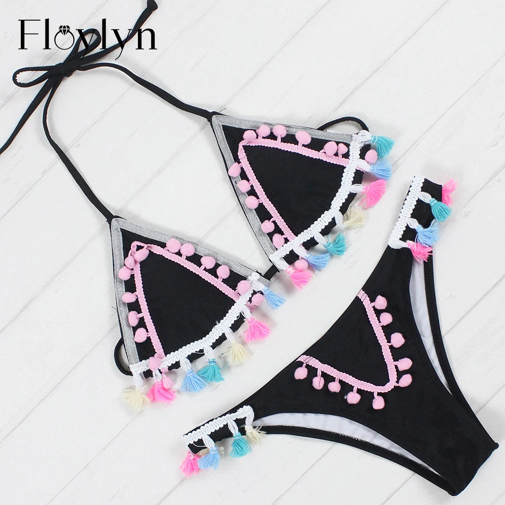 Floylyn Hand Woven Colorful Tassels Thong Bikinis Set Summer Beach Push Up Swimsuit 2017 Female Swimwear