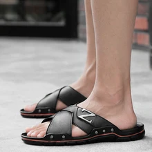 Для мужчин тапочки модная летняя обувь, кожаная обувь на платформе для взрослых пляжная обувь, шлепанцы DD118