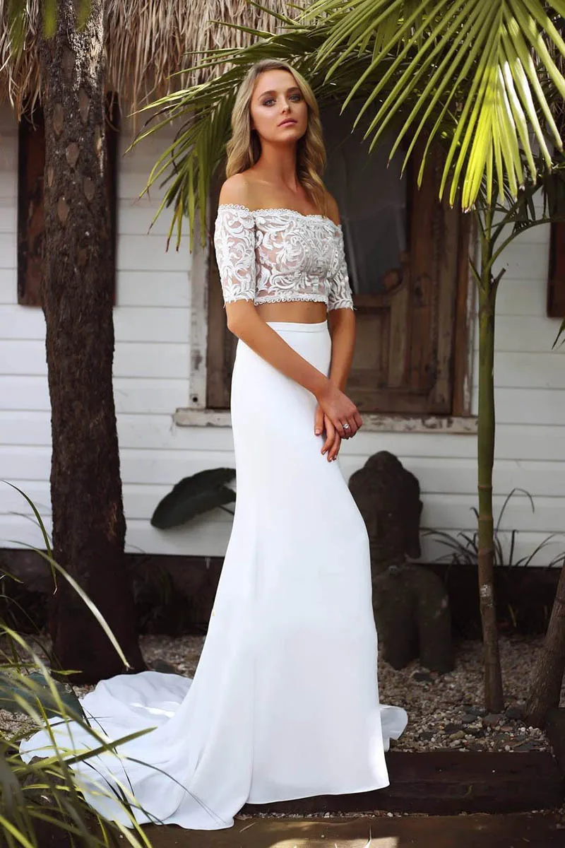 

Beach Wedding Dress Detachable Train 2 Pieces Half Sleeves Lace Sexy Mermaid Bride Dress A Line Vestido De Novia Wedding Gowns