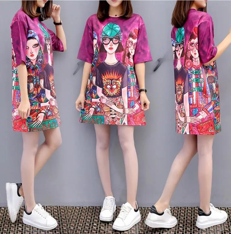 Fashion Summer Oversized Loose Dress Women Plus Size O Neck Half Sleeves Printed Casual T Shirt Dress Streetwear Mini Dress - Цвет: A11