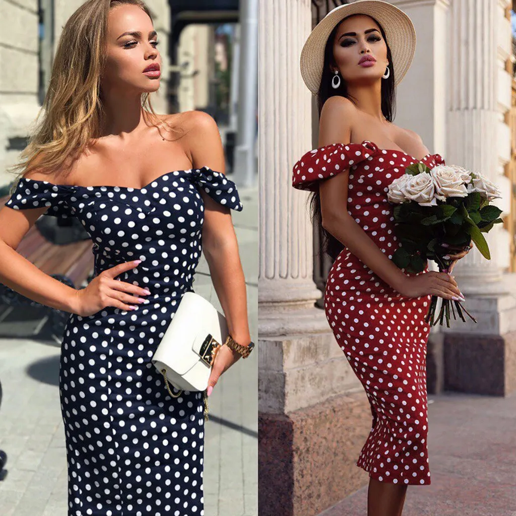 

Women's Summer Dresses Sexy Off Shoulder Dot Printed Boho Dress Bodycon Evening Party Short Elegant Dress polka-dot dress Soft