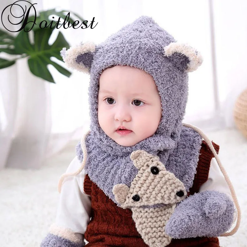 

6 months to 3 Years old cartoon fox beanies hats sets wool kids soft winter 3 pcs baby boys girl scarf hat glove set