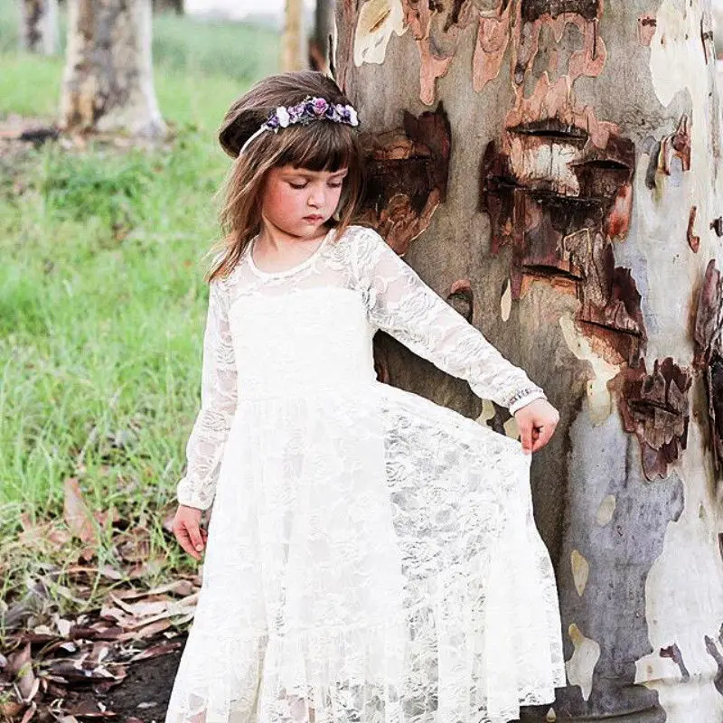 Kids Baby Girls Autumn Floral Sweet Fairy White Formal Long Sleeves Party Lace Wedding Princess Gown Pageant Flower Girls Dress