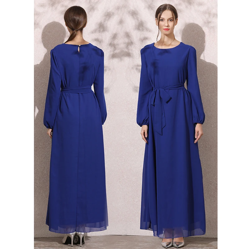 

Abaya Dubai Turkish Women Muslim Dress Femme Musulmane Long Sleeve Lace Up Bow Slim Waist Chiffon Jurken Dress Ropa Arabe Mujer