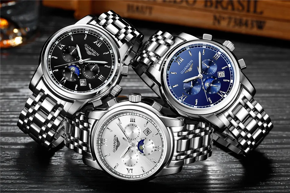 GUANQIN мужские часы Лидирующий бренд роскошная мужская одежда для бизнеса повседневные часы из нержавеющей стали водонепроницаемые автоматические механические наручные часы