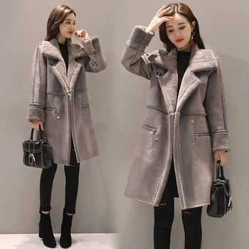 

Womens Thicken Faux Lamb Fur Suede Wool Fleece Lined Lapel Coat Double Breasted Outwear Warm Pink Gray A14