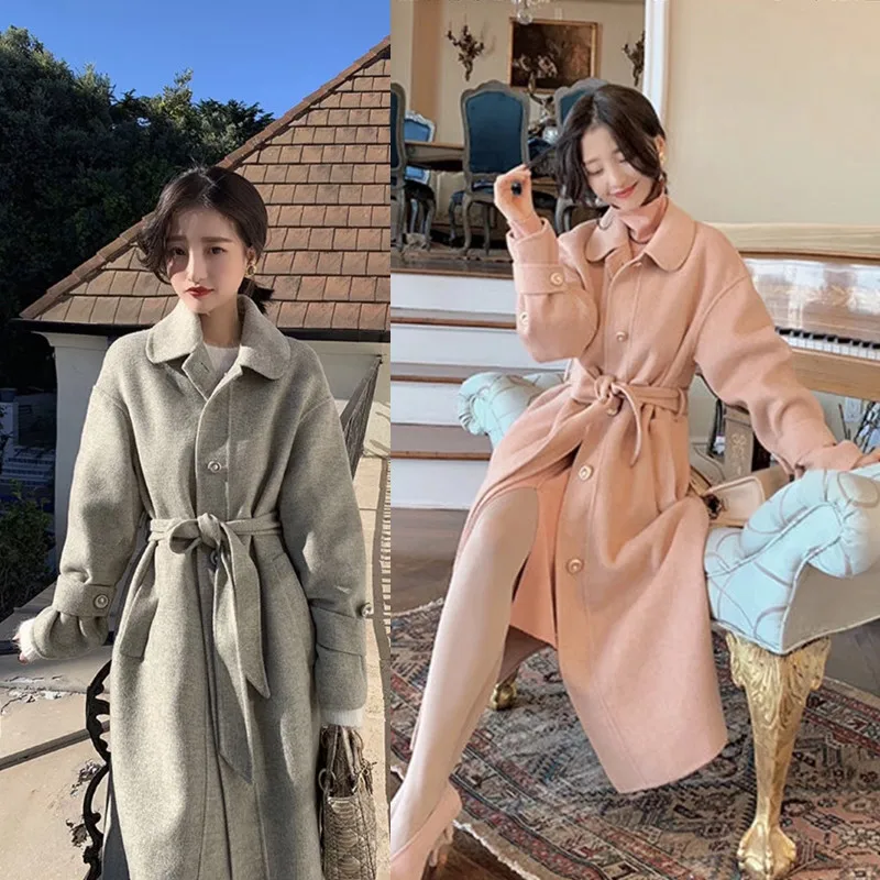OLN 2019 New Style Autumn Winter Woolen Coat Herringbone Plaid Temperament Waist Turn-down Collar Thin Double-sided Coat 1610