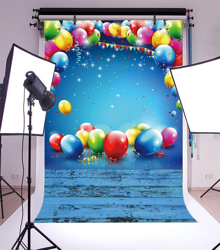 Laeacco деревянный пол мультфильм воздушные шары ребенок день рождения фотографии