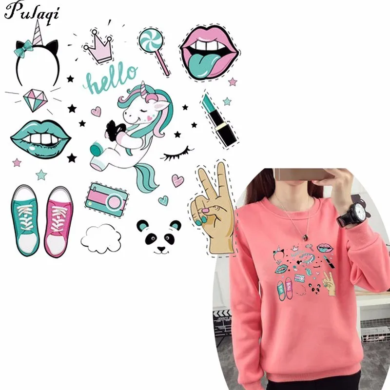 

Pulaqi Mix Unicorn Shoes Candy Appliques Heat Transfers Badges Fashion Mouth Garment DIY Patches Washable Ironing On Sticker H